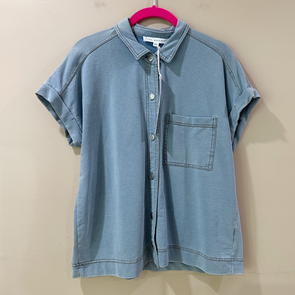 Jane + Delancey Knit Denim Shirt Womens Short Sleeve Blue French Terry Button S